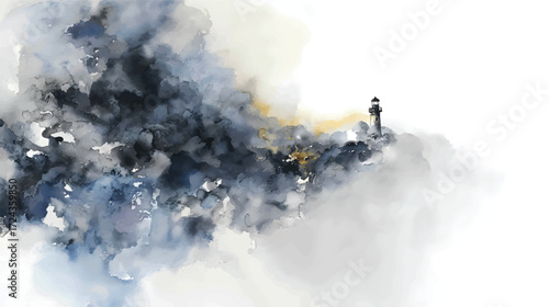 Watercolor painting of a lighthouse in a stormy sea with dark clouds background.