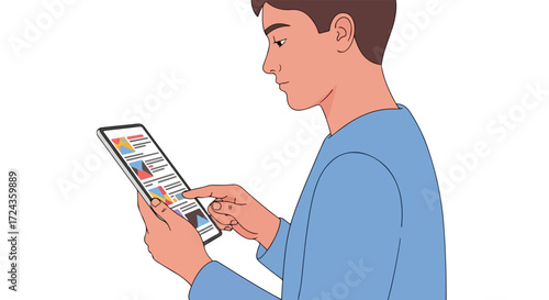 Person using a tablet device for news or applications on a white background in digital art style image illustration