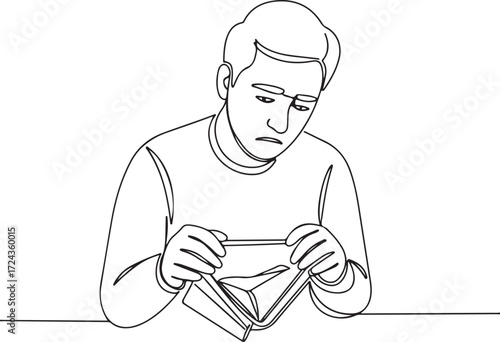 A simple line illustration of a sad man looking into his empty wallet