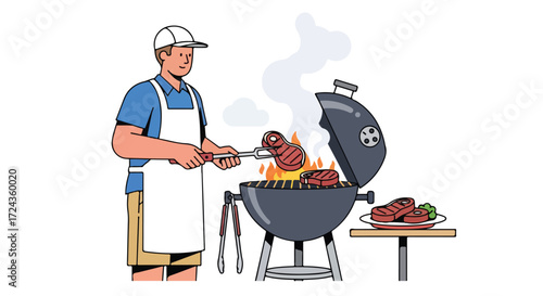 Backyard barbecue scene featuring a man grilling steaks on a charcoal grill with smoke rising and delicious-looking steaks prepared for serving