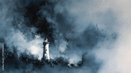 Watercolor painting of a lighthouse in a stormy sea with dark clouds background.
