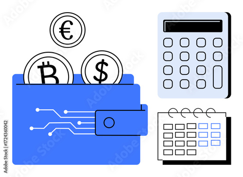 Digital wallet holding Bitcoin, Dollar, and Euro coins, alongside a calculator and calendar. Ideal for finance, cryptocurrency, budgeting, investment, blockchain accounting and saving concepts