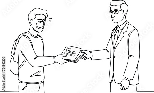 A simple line illustration of a worried student submitting his work to a teacher..