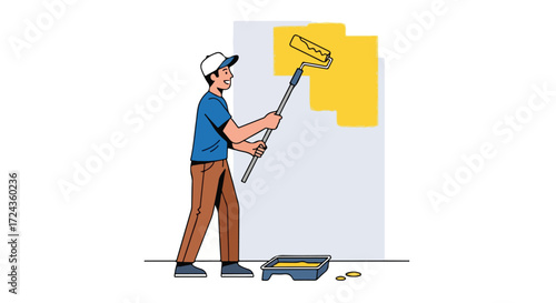 Illustrative depiction of a diligent house painter applying vibrant yellow paint to a wall with a roller, showcasing home improvement enthusiasm and