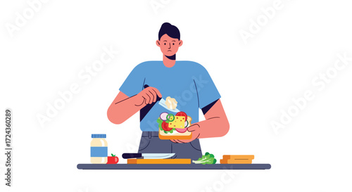 Flat vector illustration of a man preparing a sandwich with vegetables and mayonnaise on a white background