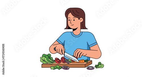 Woman preparing healthy meal with fresh vegetables on wooden board. Simple line art cartoon style for nutrition and wellness illustration