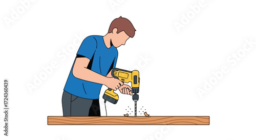 Craftsman using power drill creating hole in wood plank, skill, precision and craftsmanship for home improvement task, man with tool working isolated