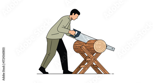 Illustrative depiction of a man sawing a log on a wooden sawhorse against a clean white background, a simplified style emphasizing craftsmanship and
