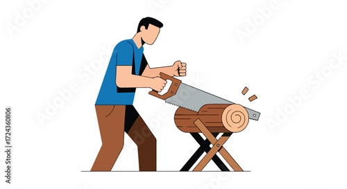 Illustration depicting a focused craftsman diligently sawing a wooden log with hand saw demonstrating traditional woodworking skill