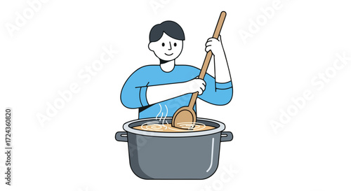 Minimalist culinary depiction of a man stirring a simmering pot with a wooden spoon demonstrating food preparation with simple design and clean lines
