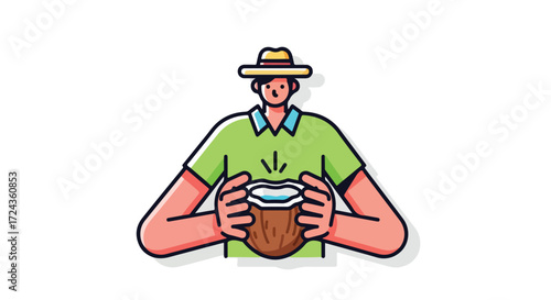 Cartoon man in hat holding a cracked coconut, tropical refreshment, coconut water treat and healthy lifestyle, vacation vibes and summer fun