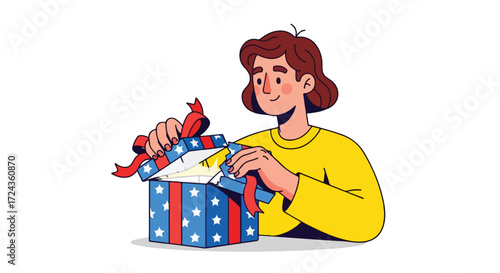 Excited woman opening a patriotic gift box with stars and stripes revealing a bright surprise celebration moment graphic design illustration