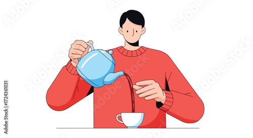 Illustration of a person pouring hot beverage from a blue pot into a white ceramic cup during a cozy morning ritual