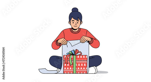 Excited young woman unveils a beautifully wrapped present while seated comfortably on the floor, expressing joy and anticipation