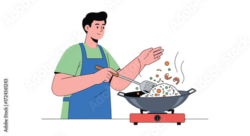 Illustration of a person cooking asian style fried rice with shrimp in a wok on a gas stove, in a flat design style