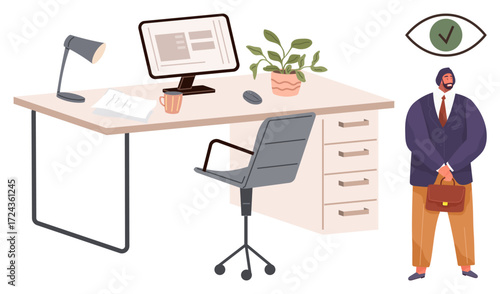Office desk with computer, lamp, plant, chair, and mug. Businessperson in formal attire holding a bag with approval sign. Ideal for workplace, organization, professionalism business decisions