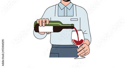 A cartoon illustration of a server pouring a glass of red wine with a bottle in a restaurant setting or wine bar illustration