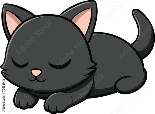 Cute Sleeping Black Cat Cartoon Illustration Adorable Kitten Artwork