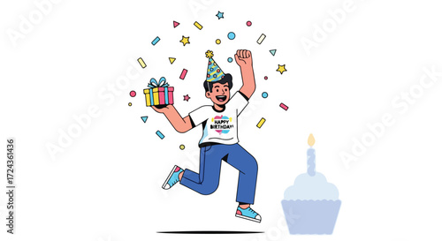 Enthusiastic birthday celebration with jumping person holding gift and cake with candle displaying joy and festivity