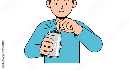 Illustration of a young man opening a soda can with a smiling expression on his face against a white background
