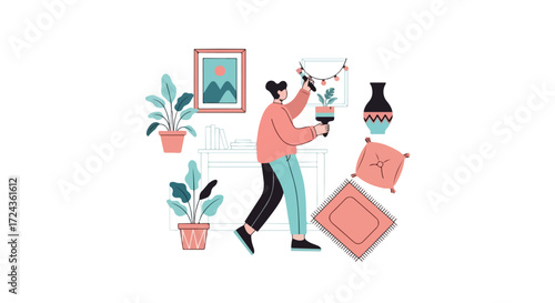 Illustrative depiction of a person decorating a room with houseplants, artwork, and decorative accents for a stylish living space
