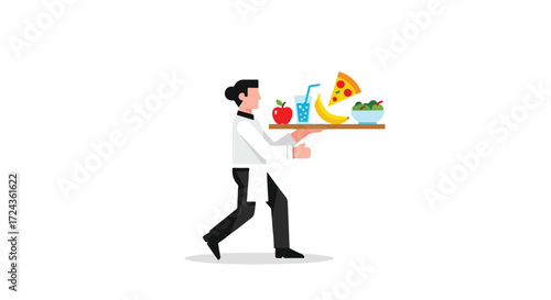 Flat design illustration of a waiter carrying a tray with diverse food options showcasing service and culinary variety emphasizing dining experience