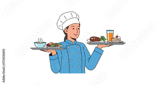 Stylized illustration of a chef character holding trays of diverse culinary offerings with meticulous precision and a bright, cheerful disposition