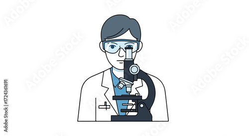 A minimalistic design featuring a scientist in a lab coat peering through a microscope, emphasizing precision and scientific inquiry suitable for