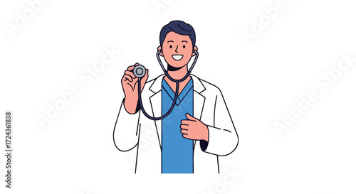Friendly doctor using stethoscope with professional attire in healthcare setting with white backdrop showcasing medical expertise and warmth
