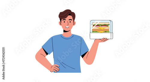 Happy man proudly presents a delectable sandwich in a transparent container ready for consumption or picnic experience