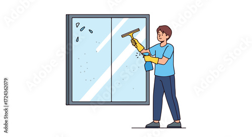 Young man using squeegee and spray bottle cleaning glass window indoors with gloves on illustration vector isolated against white background