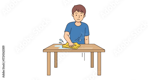 Man diligently wiping a wooden table surface with a cloth, maintaining cleanliness and hygiene in a cartoon style illustration