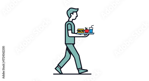 Illustration depicting a server with a tray containing food and drink, rendered in a minimalist style, creating an approachable design