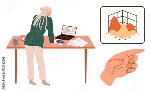 Person leaning over desk with laptop, papers, and reports. Graph visualization and pointing hand suggest analysis and decision-making. Ideal for data review, strategy, teamwork, focus, business