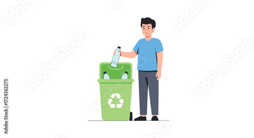 Illustration of a man recycling a plastic bottle into a green recycling bin for environmental sustainability awareness