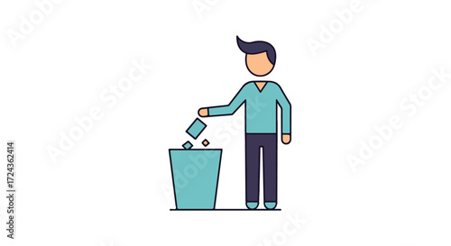 Illustration of a person throwing trash into a bin, symbolizing waste management and environmental responsibility or cleaning disposal