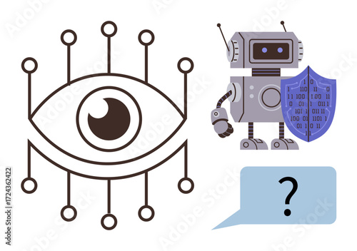 Robot alongside a cybersecurity shield, stylized digital eye with circuits, and speech bubble with question mark. Ideal for AI, machine learning, cybersecurity, vision, communication, technology