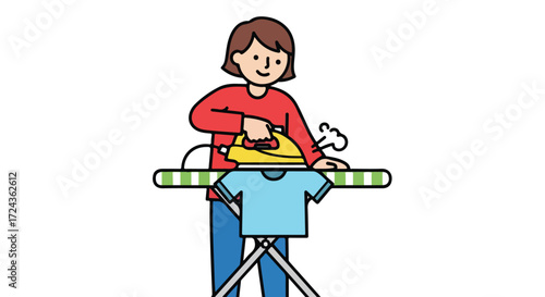 Woman diligently ironing clothes with an electric iron illustration for routine household chores concept
