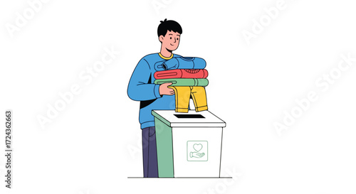 Donating garments, a simple act of kindness, illustrated vector for community support and responsible consumption depicting a man donating old clothes