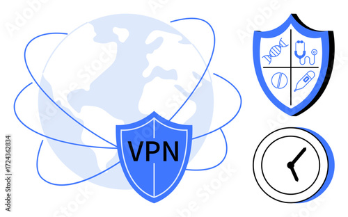 VPN shield over globe for internet safety, shield with medical symbols for healthcare, clock for time management. Ideal for cybersecurity, privacy, telemedicine, online access, data protection