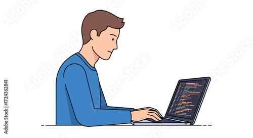 Cartoon style illustration of a programmer working on a laptop with code displayed on the screen focused on software development and web development
