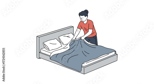 Illustration depicting a person making a bed with fresh linens and plump pillows, showcasing domestic chores and a tidy home environment