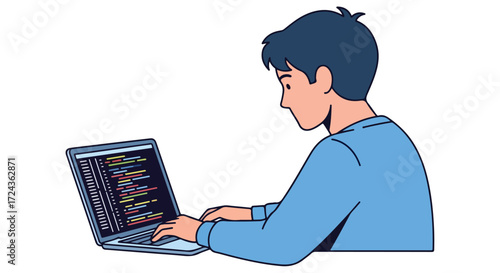 Young programmer typing code on laptop with screen showing programming language syntax illustrating the concept of software development and technology
