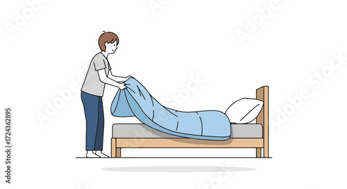 Illustration depicting a person making their bed with a light blue comforter in a simple bedroom setting showing routine task