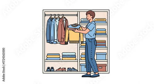 Man organizes the clothes in his closet at home in a cozy and practical style arrangement of garments and personal items in bedroom setting