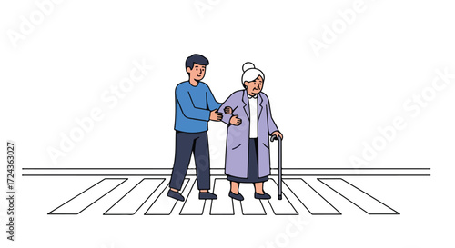 Kind young man assisting a senior woman with a cane across a crosswalk emphasizing intergenerational care and community support in simple line art