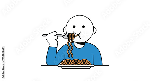 Minimalist art depicting a person enjoying a plate of spaghetti with focus on playful food indulgence