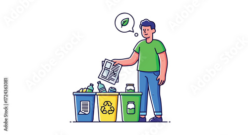 Eco-Conscious Individual Segregating Waste for a Sustainable Future Illustrated with cartoon style