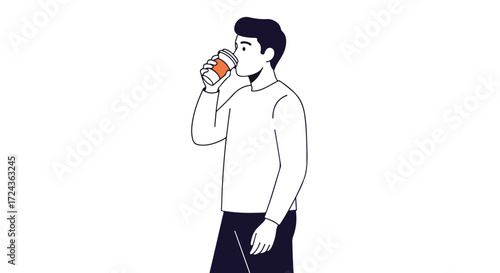 Minimalist character illustration of a man drinking from a disposable cup, highlighting a serene and contemplative morning break moment captured in