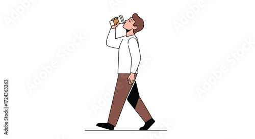 Animated character enjoying beverage, illustrated man sipping from a paper cup during walk, simplistic vector design ideal for blogs and infographics